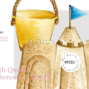 K&ouml;nnte beinhalten: Aquarell-Illustration eines Sandburgen-Turms mit blauer Flagge und gelbem Eimer mit Seilgriff. Die Worte "High Quality Watercolor Clipart" sind in rosa Schrift zu sehen.