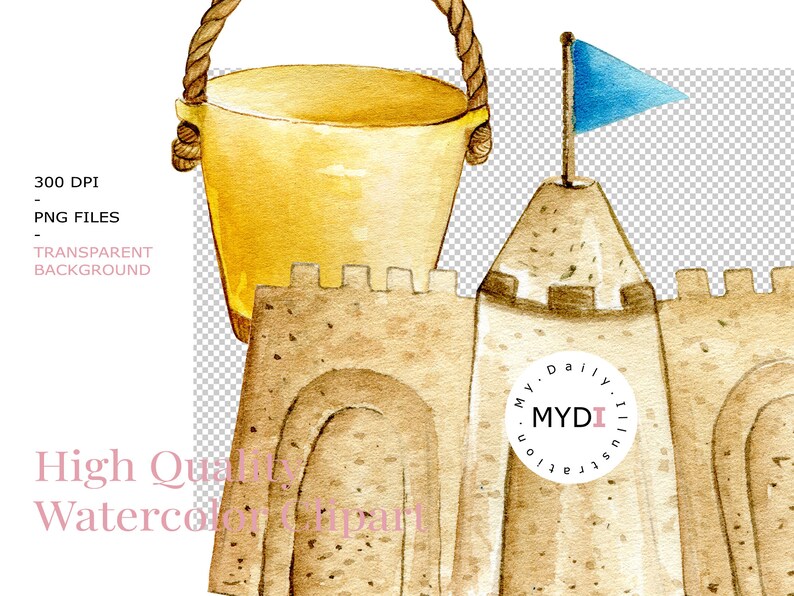 K&ouml;nnte beinhalten: Aquarell-Illustration eines Sandburgen-Turms mit blauer Flagge und gelbem Eimer mit Seilgriff. Die Worte "High Quality Watercolor Clipart" sind in rosa Schrift zu sehen.