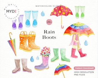 Imágenes prediseñadas de botas de lluvia en acuarela / Imágenes prediseñadas de paraguas, botas y chaquetas - Scrapbooking - Pegatinas para agendas