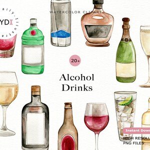 Aquarell Alkohol Getränke Clipart in png Dateien digitaler Download für Printables Wand Kunst, Scrapbook Album und Sticker