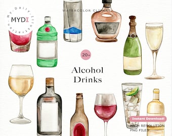 Watercolor Alcohol Drinks Clipart in png files digital download for Printables Wall Art, scrapbook album and planner stickers