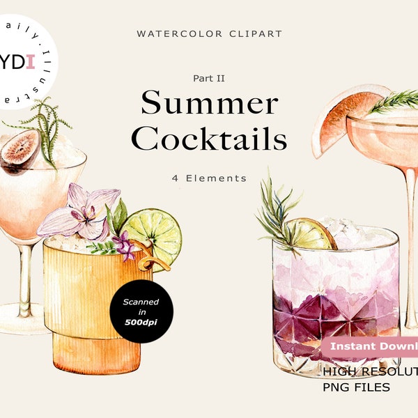 Watercolor Cocktail Clipart Tropical Alcohol Drinks in png, Gin and tonic liquor for Menu, and Kitchen Printables