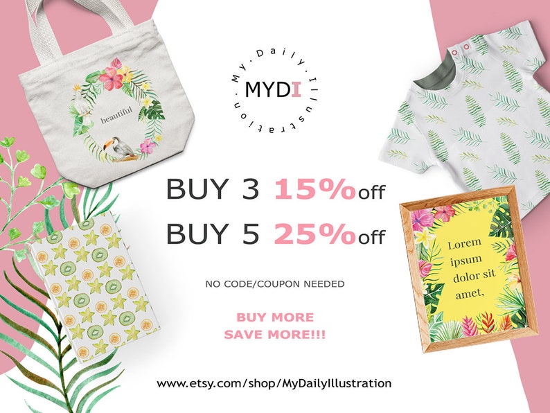 May include: A collection of watercolour illustrations with tropical designs. Includes a tote bag, baby t-shirt, notebook, and framed art print. The tote bag has a floral wreath with the word "beautiful". The framed art has the text "Lorem ipsum dolor sit amet."
