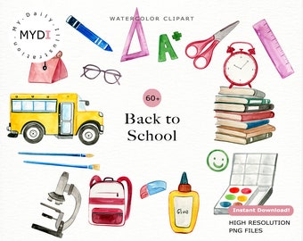 Aquarell Schulbedarf Clipart für Back to Schul Projekt, digitale Planer Aufkleber, Scrapbook Album, inklusive Buch Clipart-