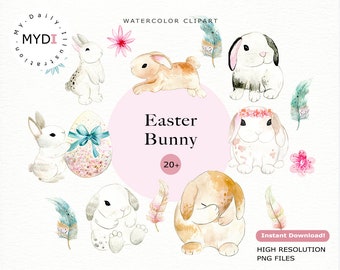 Watercolor easter bunny clipart set with Transparent Background PNG files for easter project and spring holiday