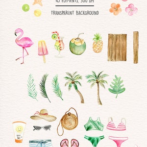 K&ouml;nnte beinhalten: Aquarellillustrationen mit Strandmotiven. Enth&auml;lt Palmen, ein "Beach"-Schild, einen Flamingo, eine Sandburg und einen Strandball. Das Bild enth&auml;lt auch den Text "45 ELEMENTS, 300 DPI, TRANSPARENT BACKGROUND."
