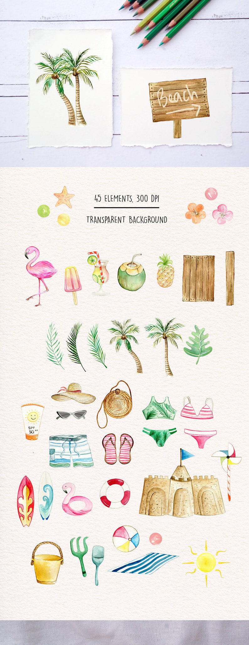 K&ouml;nnte beinhalten: Aquarellillustrationen mit Strandmotiven. Enth&auml;lt Palmen, ein "Beach"-Schild, einen Flamingo, eine Sandburg und einen Strandball. Das Bild enth&auml;lt auch den Text "45 ELEMENTS, 300 DPI, TRANSPARENT BACKGROUND."