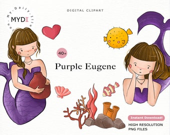 Purple mermaid digital clipart in png files for kids project, planner stickers, scrapbook album and birthday invitation more