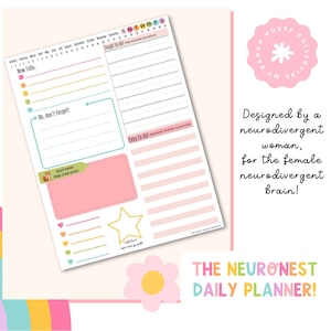 May include: A pink and white daily planner with a colorful rainbow border. The planner has sections for "New To-Dos", "Tough to Do", "Easy to Do", and "Oh, don't forget!" The planner also includes a calendar, a star, and hearts.