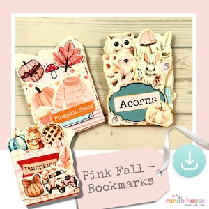 May include: Three pink and orange fall-themed bookmarks with illustrations of pumpkins, acorns, and an owl. The bookmarks have the text "Pumpkins", "Pumpkin Spice", and "Acorns".