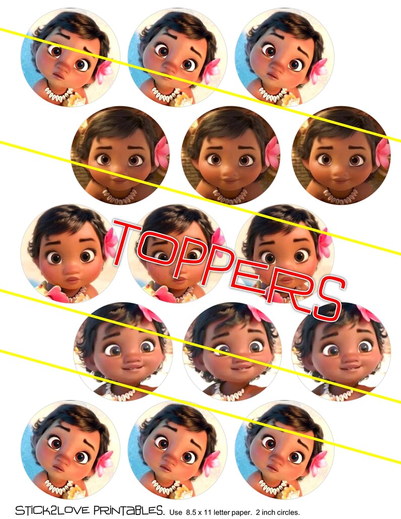 Baby Moana face printables 2 circles cupcake toppers | Etsy