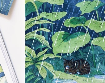 Rainy Cat Watercolour Illustration Print (A5) - Original Art