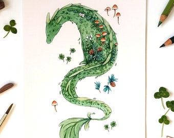 Woodland Dragon illustratie print (A5) aquarel en potlood originele kunst