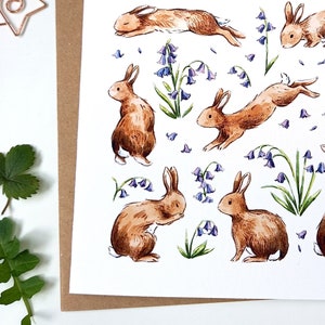 Conigli e campanule biglietto di auguri illustrato - Woodland Wildlife