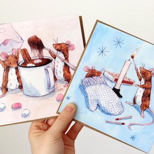 A Muizen Gezellige Kerstkaartenset geïllustreerd (set van 6) - originele kunst met aquarel en potlood