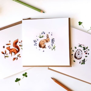 Set van wenskaarten met bosdieren geïllustreerd (set van 3) konijn, egel en eekhoorn