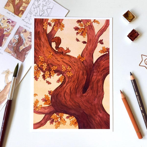 Oak Tree Watercolour Illustration Print (A5)