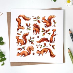 Squirrels and Acorns Illustrated Greetings Card - Watercolour and Pencil Original Art