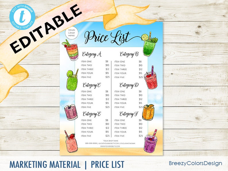 Juice Price List Template Editable Drink Pricing Sheet Food Etsy Ireland
