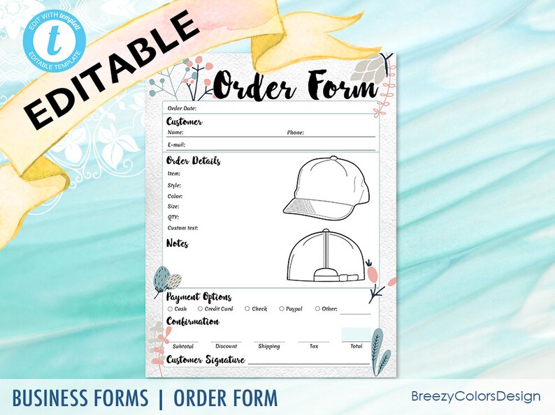 Custom Hat Order Forms Editable Baseball Cap Printable Etsy