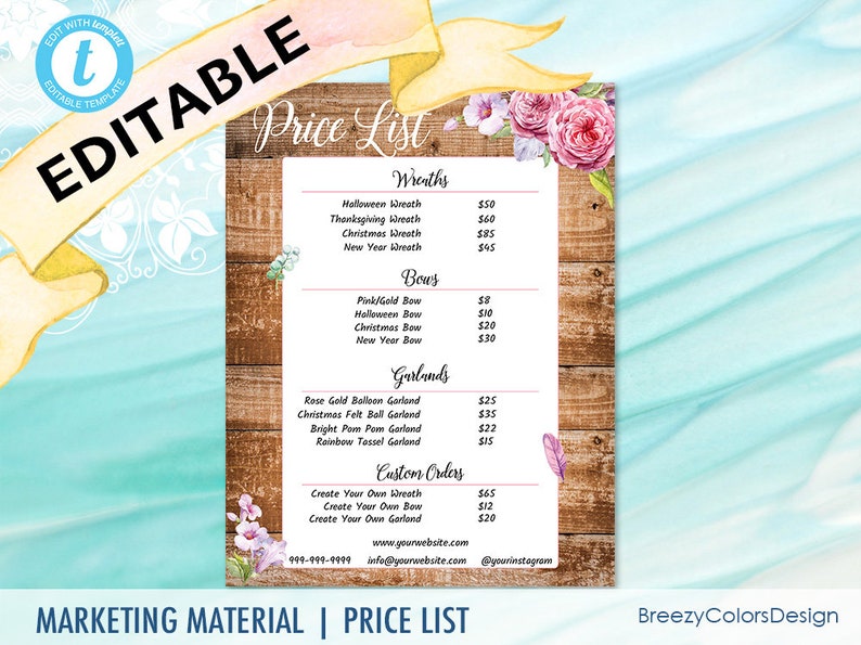 Editable Pricing Sheet Template Instant Download Price List | Etsy
