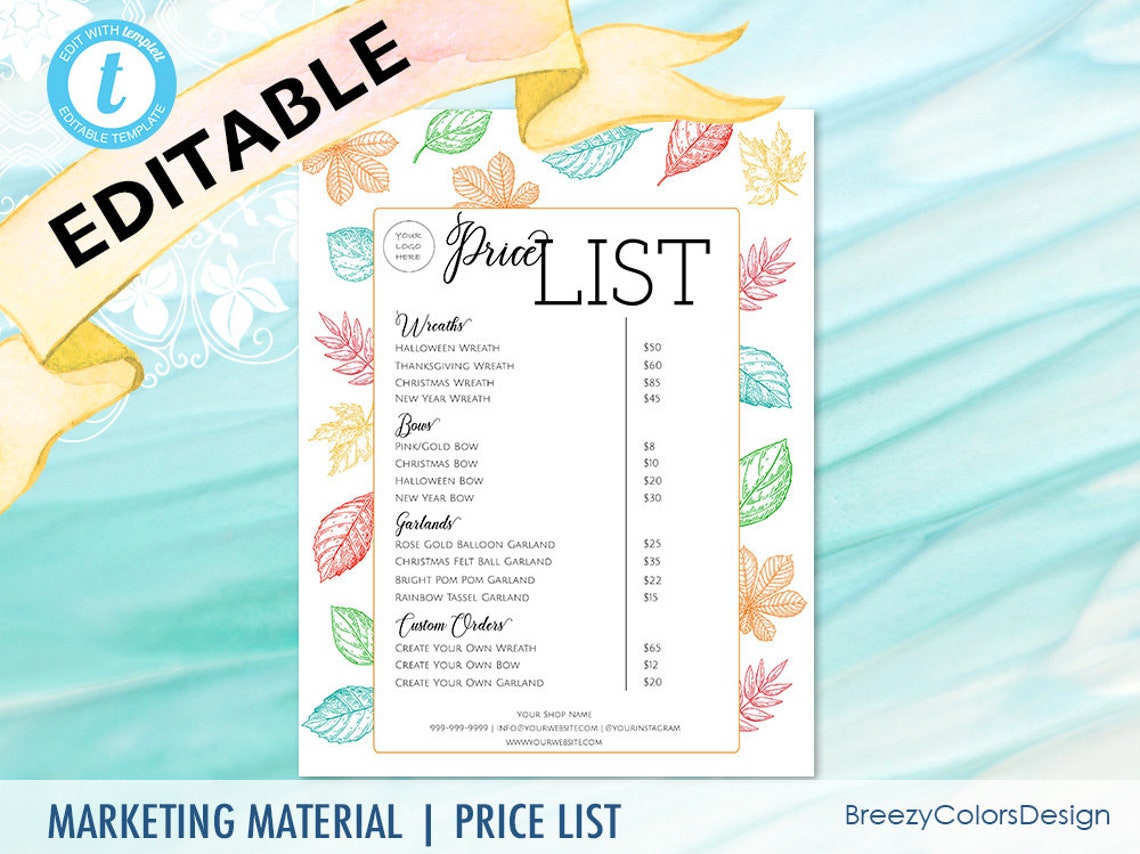 Price Sheet Template Editable Pricing Design Product List Etsy