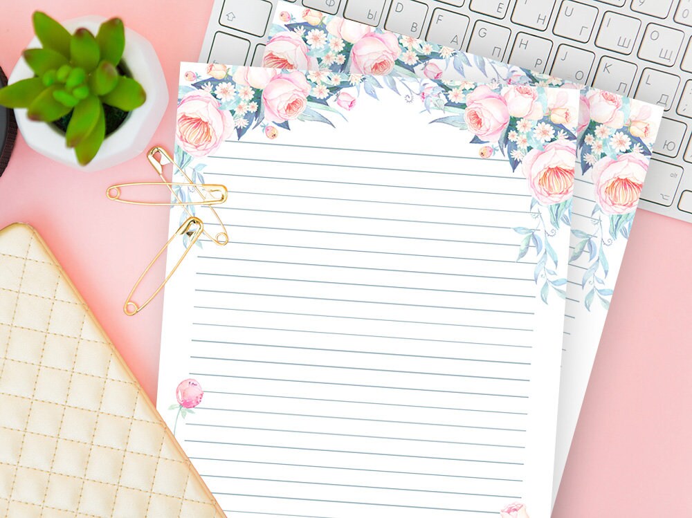 printable lined writing paper floral stationery set of 2 etsy
