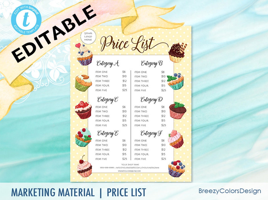 Cupcake Price List Template Bakery Menu Editable Pricing Etsy