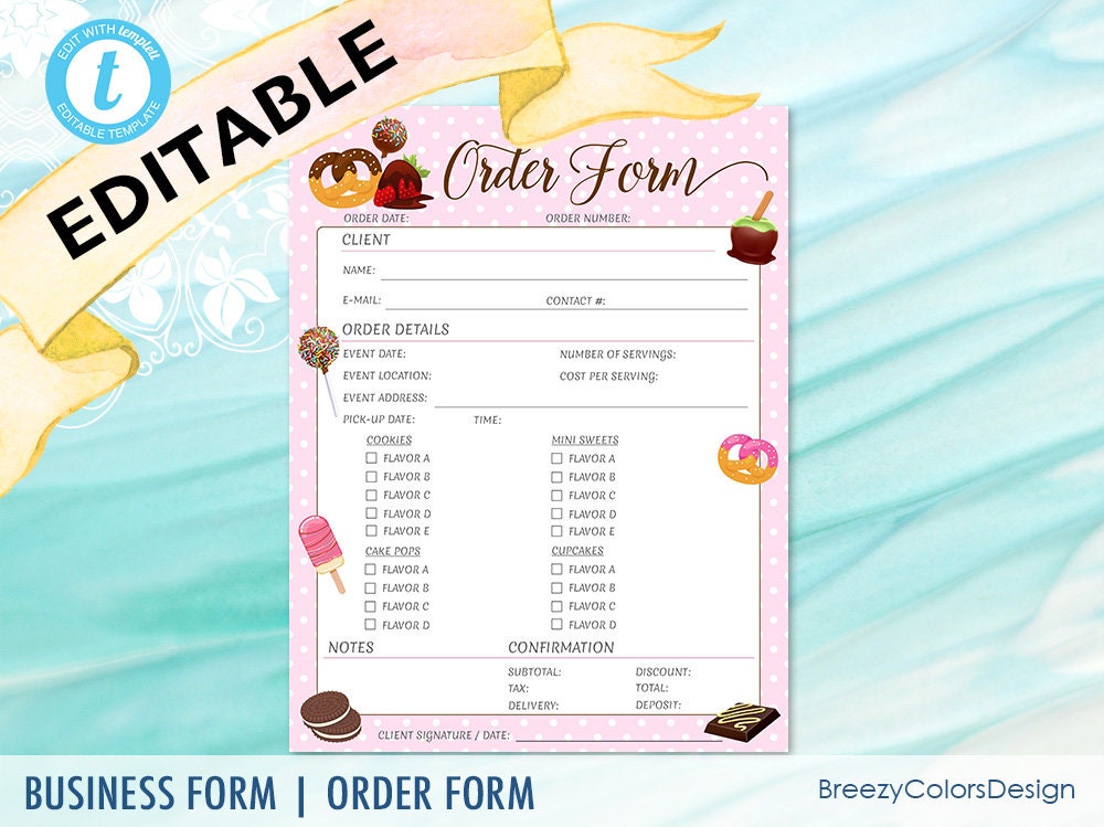 Paper Templett Cake Bakery Business Editable Cupcake Order Form Edit On 