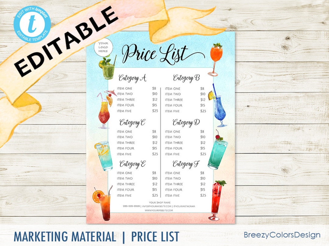 Drink Price List Template Editable Juice Pricing Sheet Food Etsy