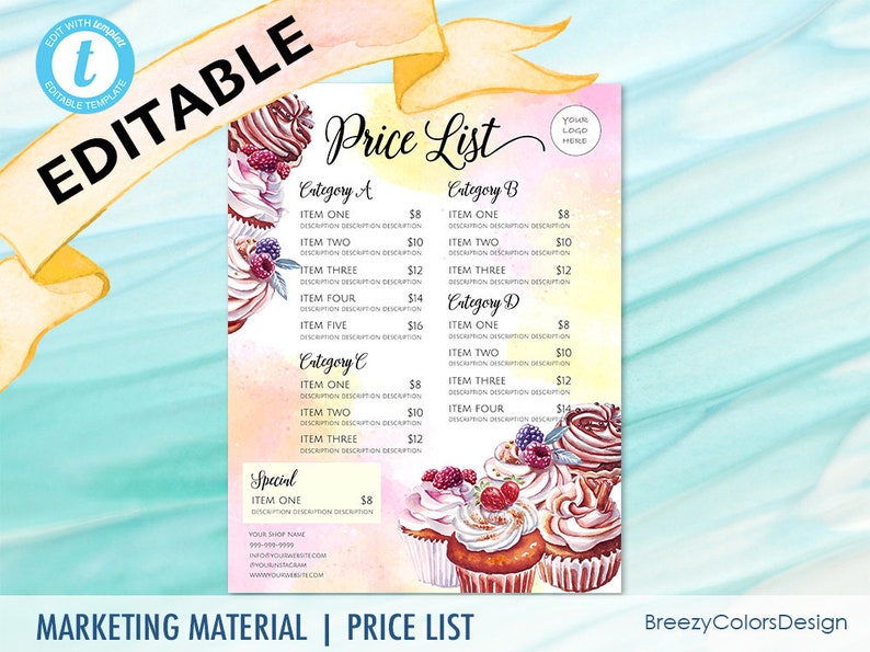 Cupcake Price List Template Download Editable Bakery Business Etsy