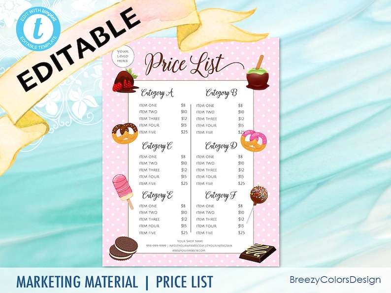 Bakery Menu Template Editable Treat Pricing Sheet Instant - Etsy