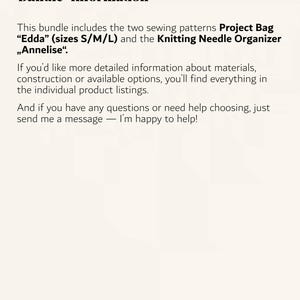 Puede incluir: Texto sobre un fondo crema: "Bundle Information". El texto describe un paquete que incluye dos patrones de costura: "Project Bag 'Edda'" (tallas S/M/L) y "Knitting Needle Organizer 'Annelise'". Se proporciona informaci&oacute;n adicional.
