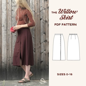 Könnte beinhalten: Ein dunkelbrauner Midirock mit durchgehender Knopfleiste vorne und einem Seitenschlitz. Das Bild enthält den Text The Willow Skirt PDF PATTERN SIZES 0-16 sowie eine technische Strichzeichnung der Vorder- und Rückansicht des Rocks.