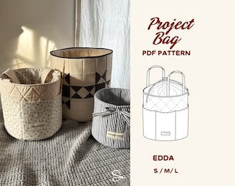 Patrón de costura para bolsa de proyectos estructurada en PDF | Bolsa para proyectos de punto y crochet | Cesta de tela para guardar cosas | 3 tamaños
