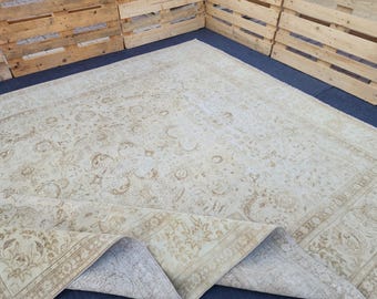 10x12 Neutral Beige Brown Oushak Rug, Vintage Turkish Rug, Handwoven Rug, Dining Room Rug, Living Room Rug, Oversized Rug 9.6 x 11.8 Ft