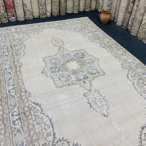 6x9 Vintage Oushak Rug: Neutral Beige Turkish Wool Area Rug