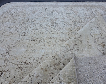10x12 Faded Beige Brown Large Vintage Oushak Rug, Floral Turkish Rug, Living Room & Bedroom Rug, Hand Knotted Rug, Area Rug 10 x 12.3 Ft