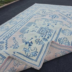 6x9 Vintage Oushak Rug: Handmade Wool, Rustic Pale Turkish Area Rug