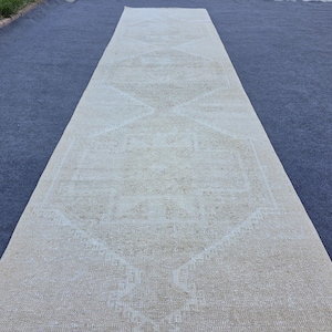 3x13 Hand Knotted Neutral Faded Wool Oushak Runner, Long Vintage Runner, Turkish Runner, 3x13 Hallway Area Runner, Kitchen Area Runner