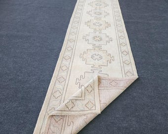 Vintage Oushak Wool Runner Rug: 3x13 Beige Turkish Rug