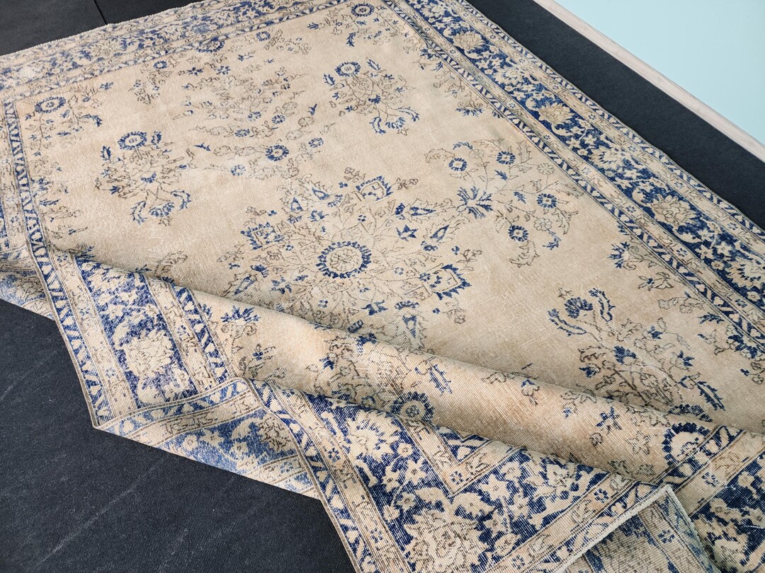 8x12 Large Vintage Turkish Rug, Large Oushak Rug, Pale Beige Navy