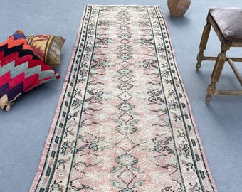 Vintage Turkish Oushak Runner Rug: Faded Pink Wool, 2x9 Rustic Kitchen Rug