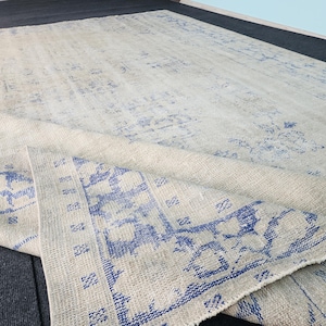 9x12 Vintage Turkish Oushak Rug: Large Pale Beige & Blue Wool Area Rug