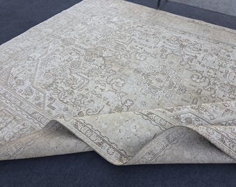 10x13 Neutral Beige Brown Vintage Oushak Area Rug, Large Turkish Rug, Hand Knotted Living Room Dining Room Rug, Oversized Rug 9.7 x 12.5 Ft