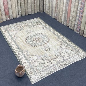 6x9 Oushak Rug: Neutral Faded Wool, Large Vintage Turkish Carpet