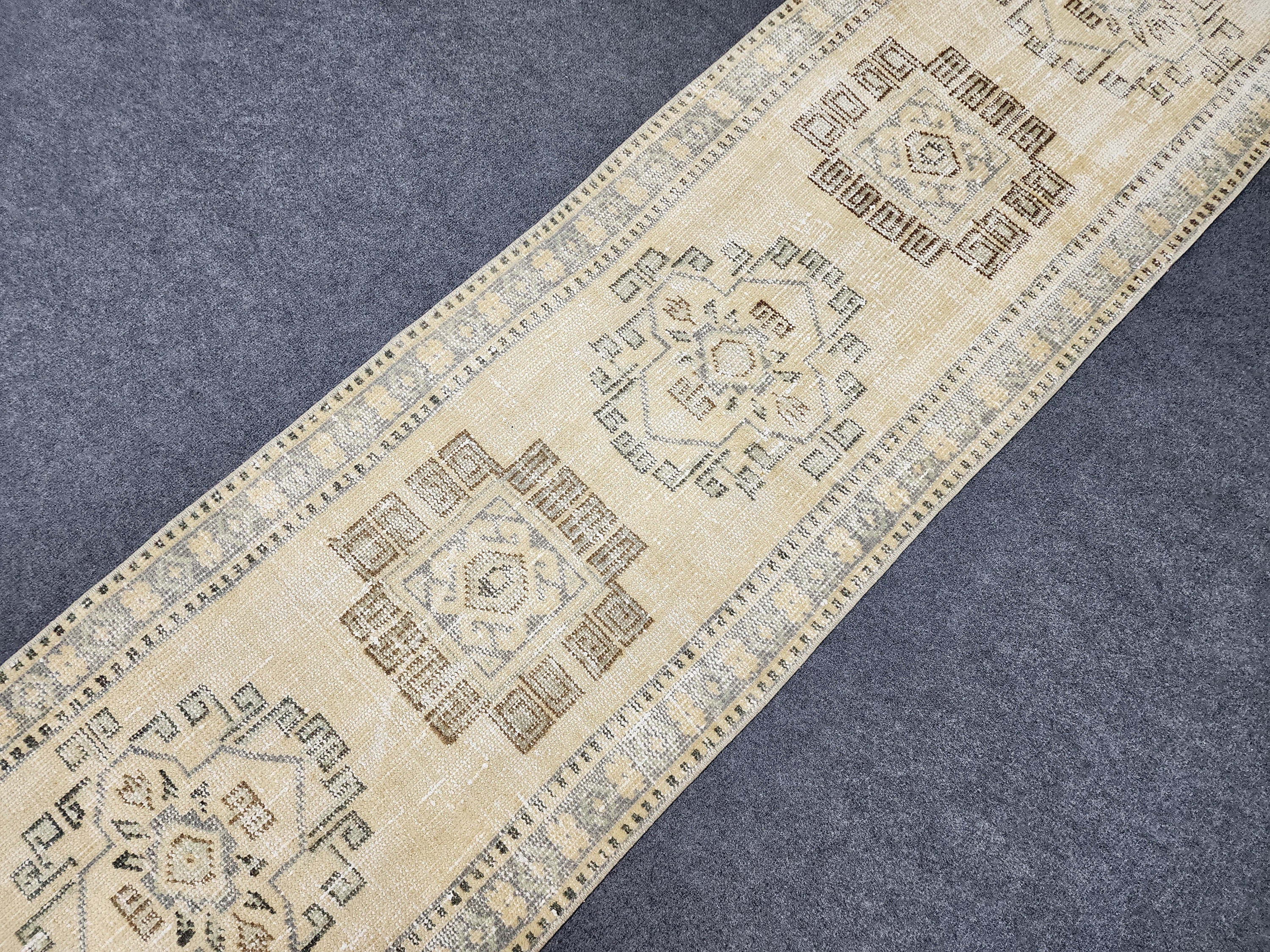 2x11 Vintage Oushak Runner Rug: Beige Turkish Wool, Narrow Hallway Carpet