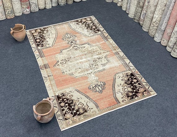4x6 Vintage Turkish Oushak Rug: Handmade Distressed Rustic Area Rug