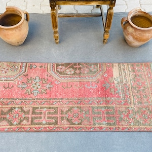 Small Vintage Turkish Oushak Rug: 2x4 Pink Wool Door Mat