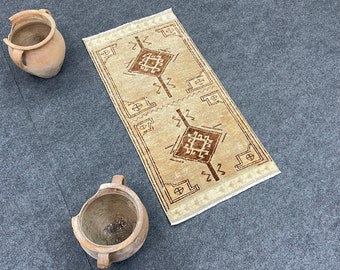 2 x 3 neutrale deurmat, klein Oushak-tapijt, vintage Turks tapijt, vervaagd wollen tapijt, 2 x 3 klein tapijt, badkamertapijt, tapijt met patroon, handgeweven tapijt